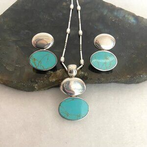 Sterling Silver 925 Mexico Oval Turquoise Pendant Necklace & Earring Set